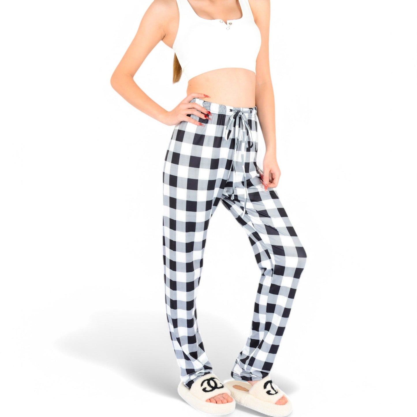Plaid Flannel Lounge Pants with Elastic Waistband and Adjustable Drawstring