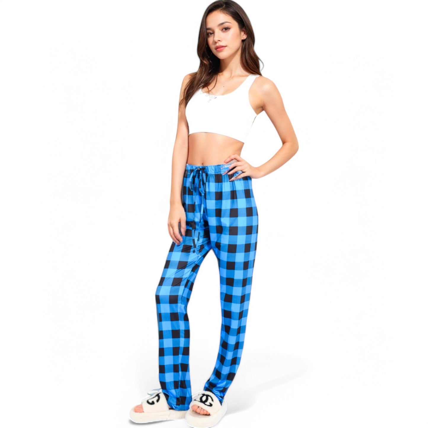 Plaid Flannel Lounge Pants with Elastic Waistband and Adjustable Drawstring