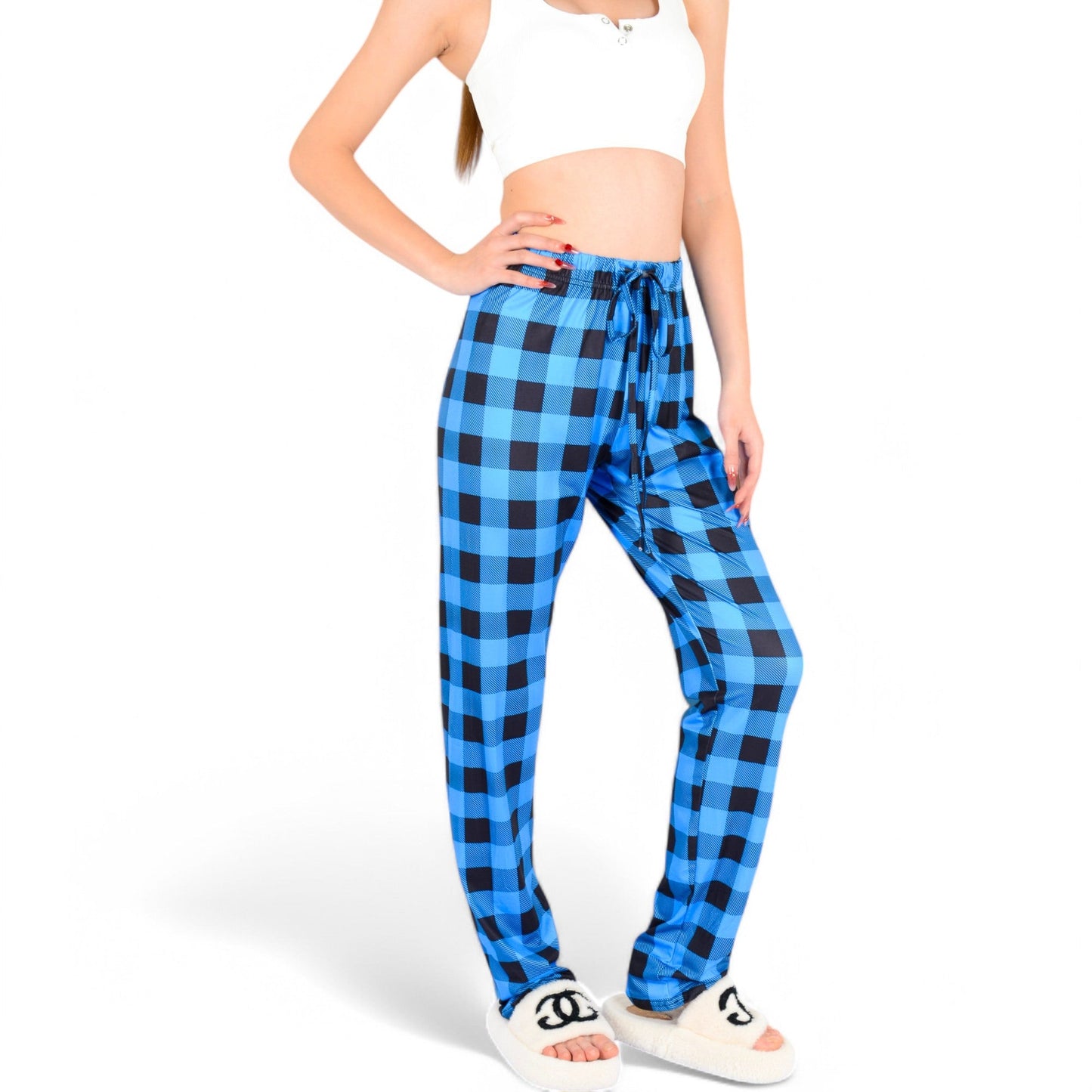 Plaid Flannel Lounge Pants with Elastic Waistband and Adjustable Drawstring