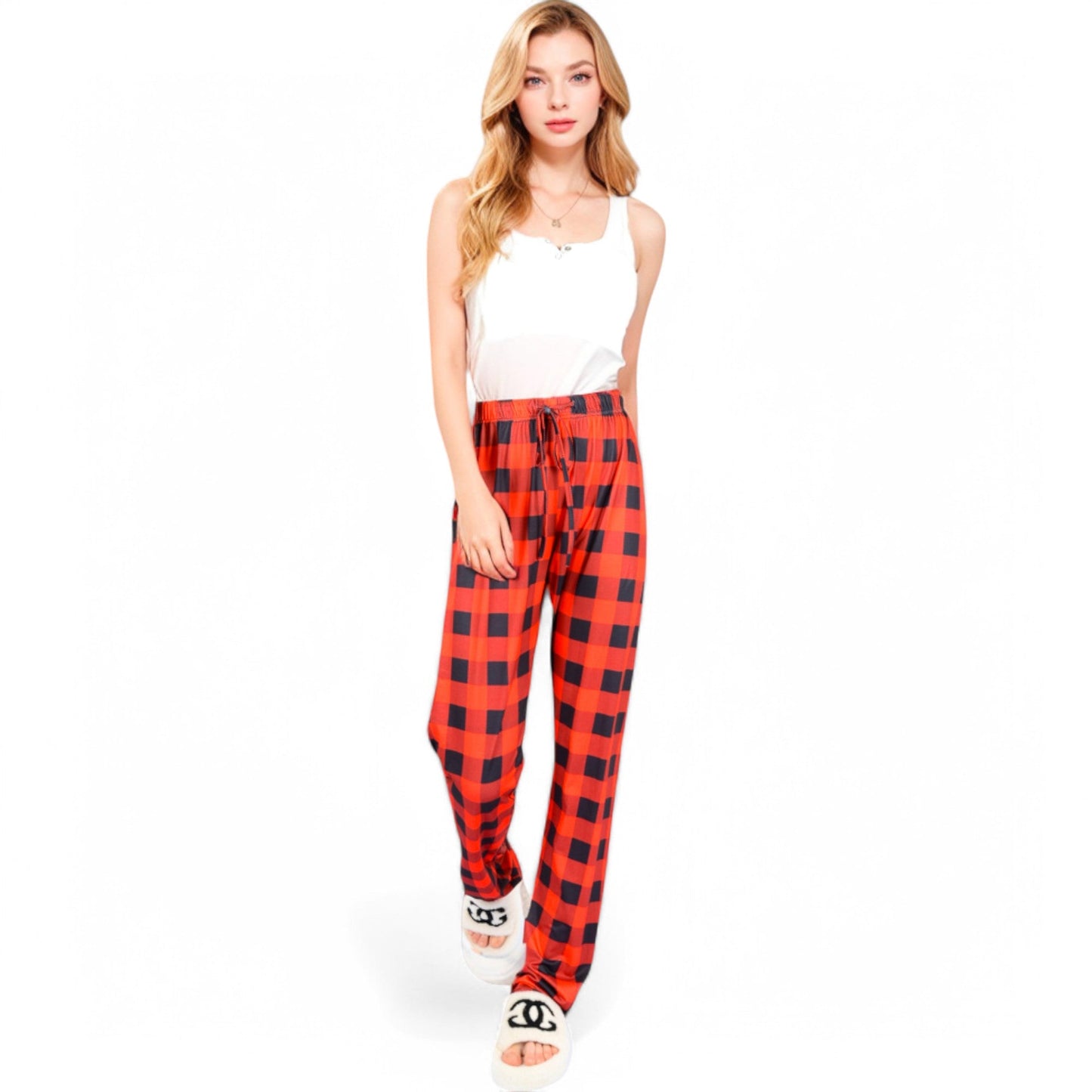 Plaid Flannel Lounge Pants with Elastic Waistband and Adjustable Drawstring