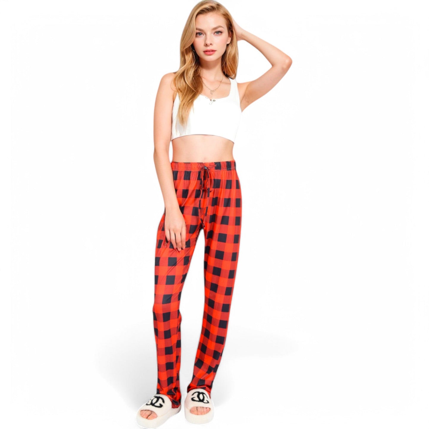 Plaid Flannel Lounge Pants with Elastic Waistband and Adjustable Drawstring