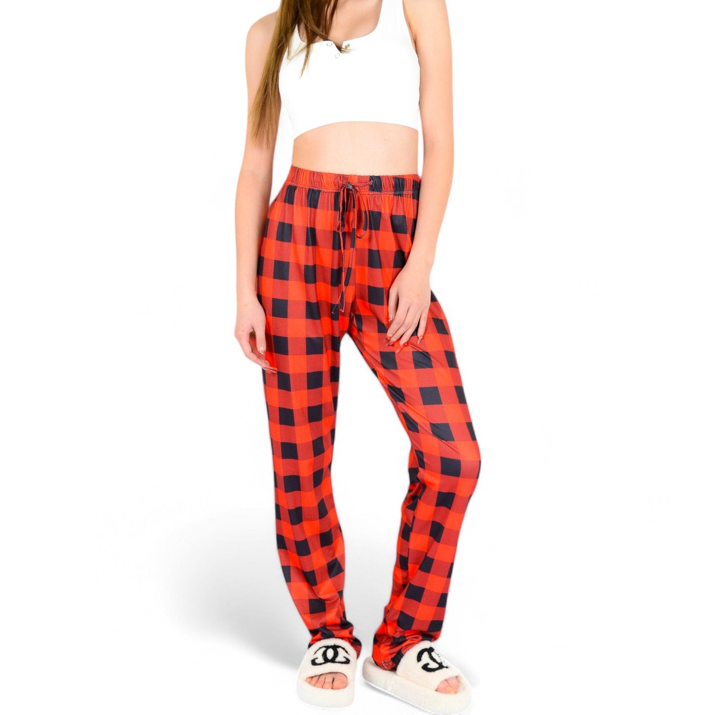Plaid Flannel Lounge Pants with Elastic Waistband and Adjustable Drawstring
