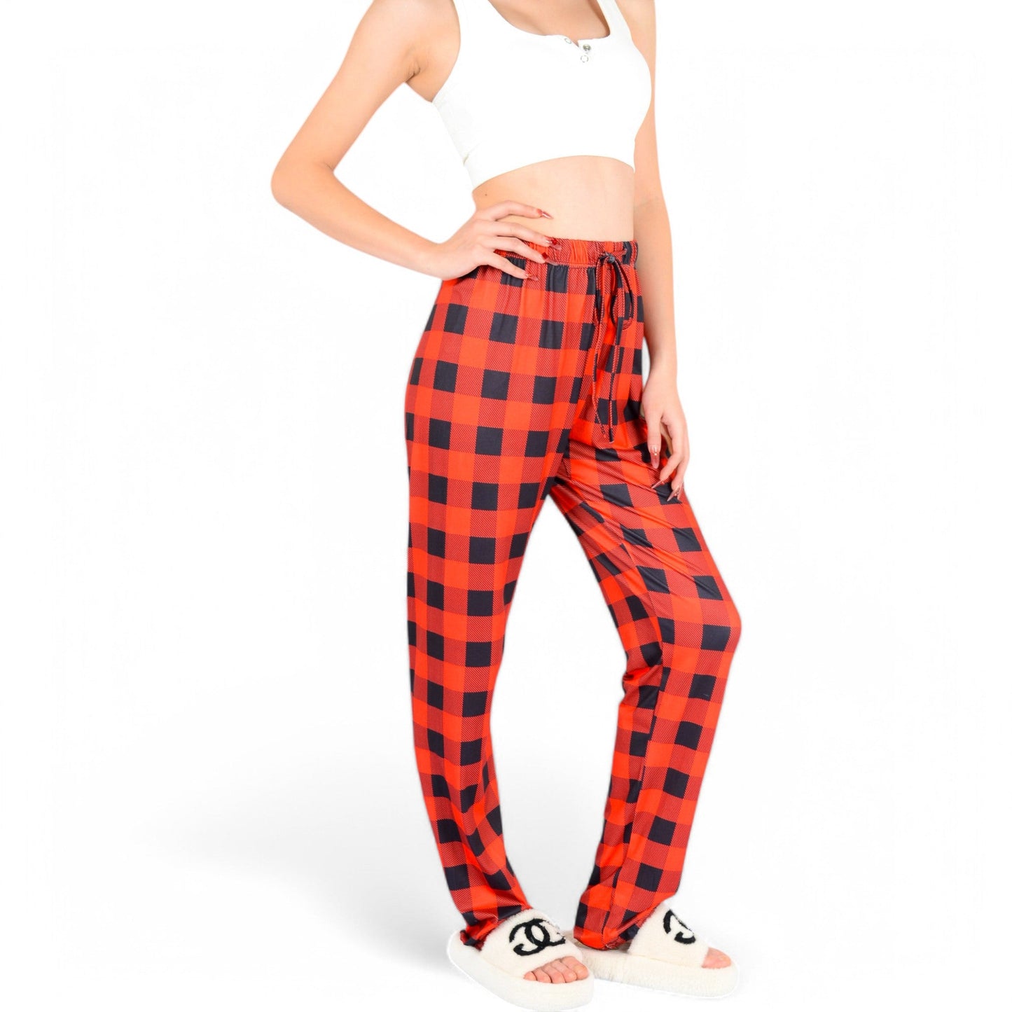 Plaid Flannel Lounge Pants with Elastic Waistband and Adjustable Drawstring