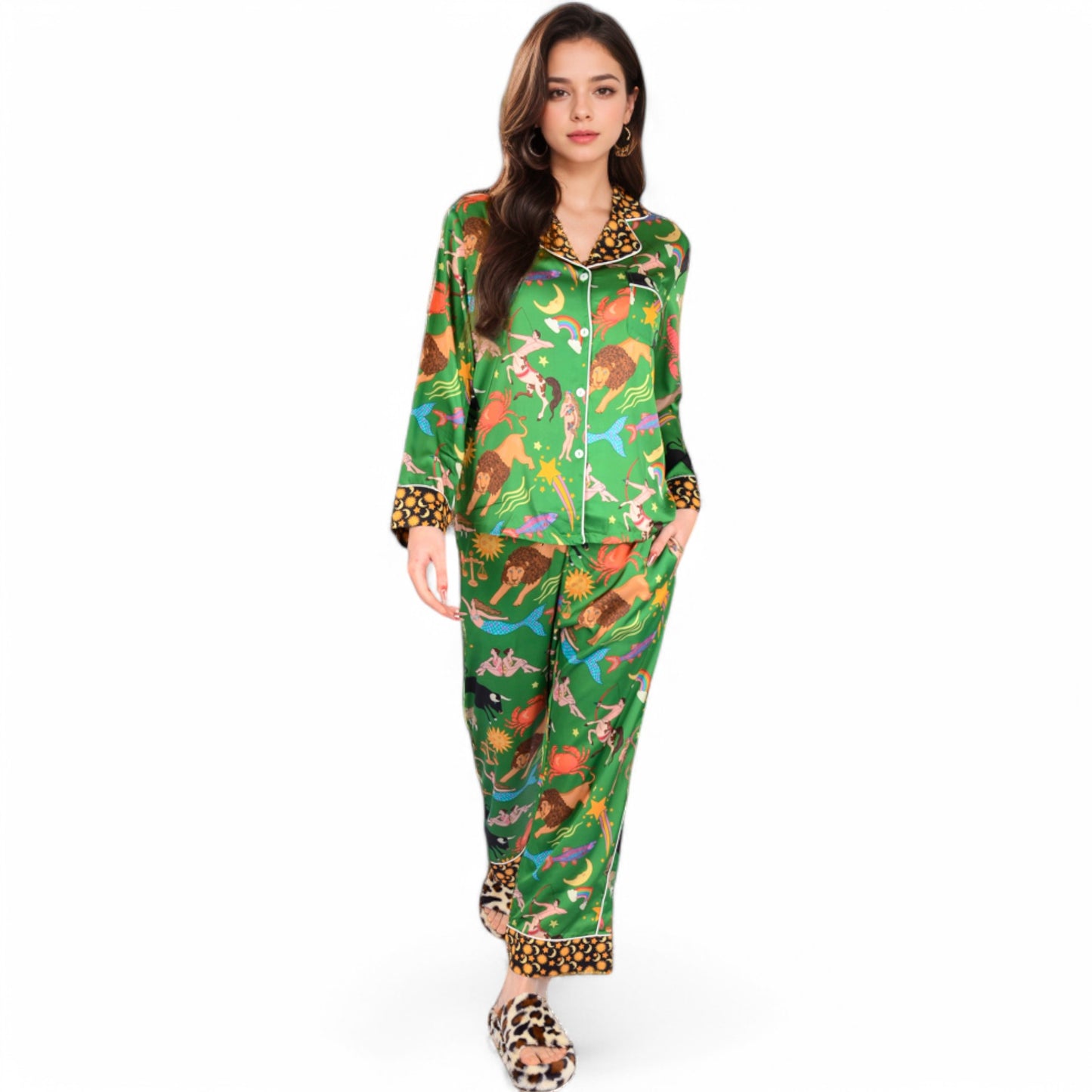 Satin Zodiac Print Pajama Set with Button-Up Top and Relaxed Fit Pants- Green,Small
