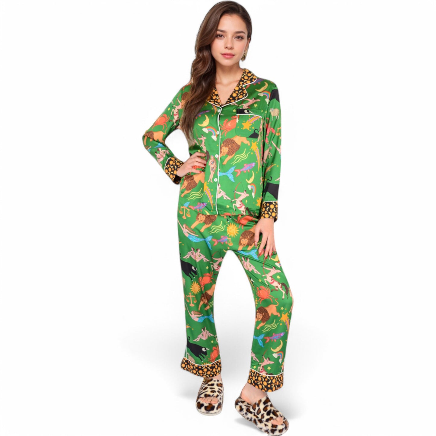 Satin Zodiac Print Pajama Set with Button-Up Top and Relaxed Fit Pants- Green,Small