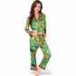 Satin Zodiac Print Pajama Set with Button-Up Top and Relaxed Fit Pants- Green,Small