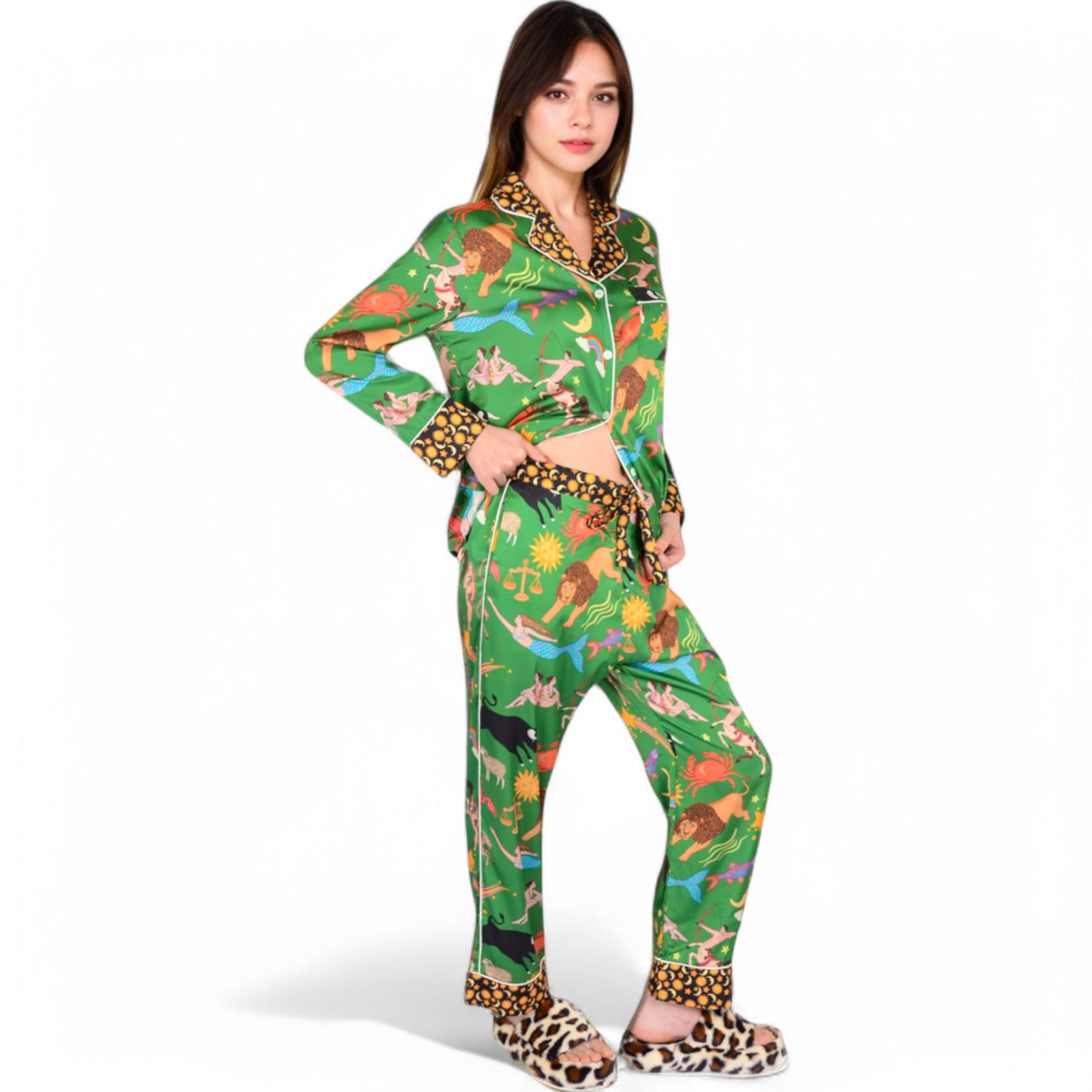 Satin Zodiac Print Pajama Set with Button-Up Top and Relaxed Fit Pants- Green,Small