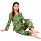 Satin Zodiac Print Pajama Set with Button-Up Top and Relaxed Fit Pants- Green,Small