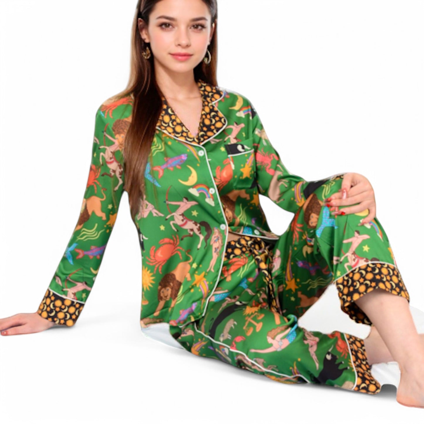 Satin Zodiac Print Pajama Set with Button-Up Top and Relaxed Fit Pants- Green,Small