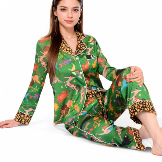 Satin Zodiac Print Pajama Set with Button-Up Top and Relaxed Fit Pants- Green,Small
