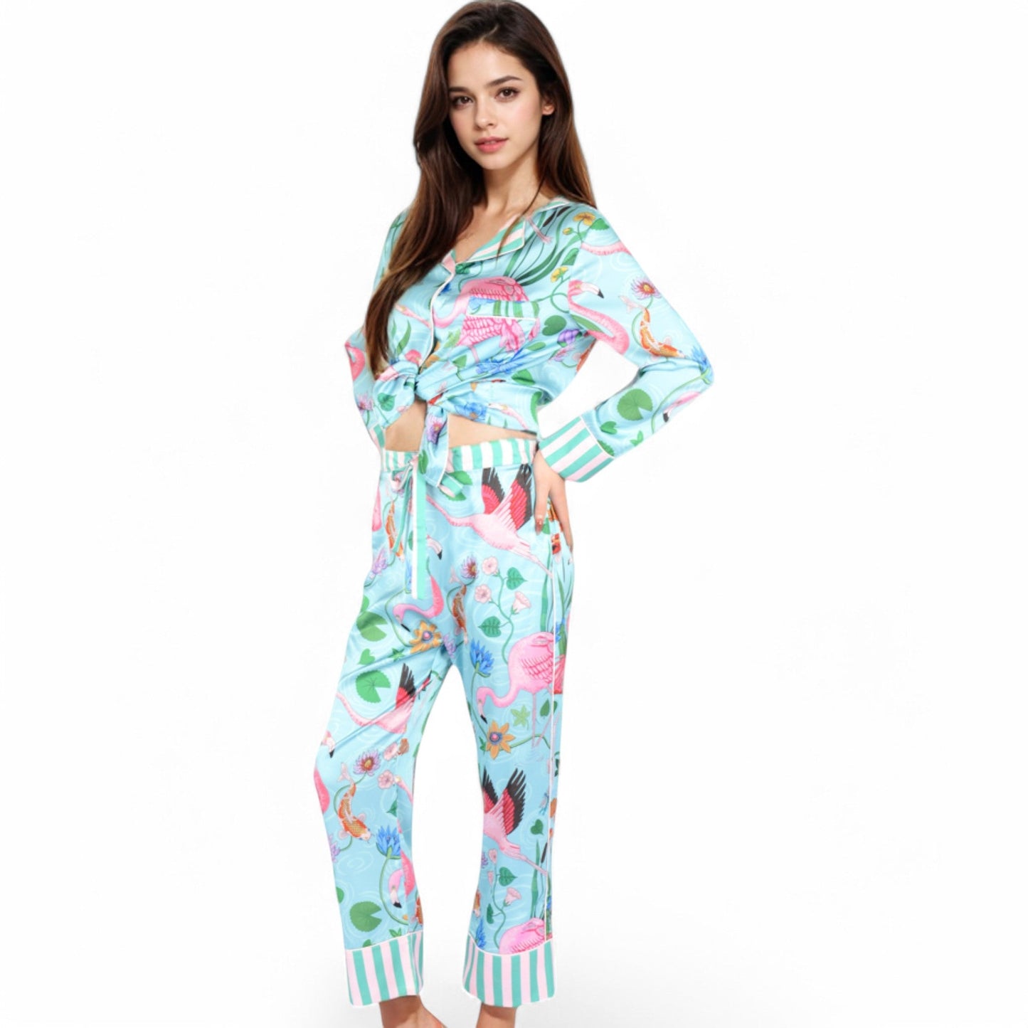 Satin Tropical Flamingo Print Pajama Set with Button-Up Top and Relaxed Fit Pants