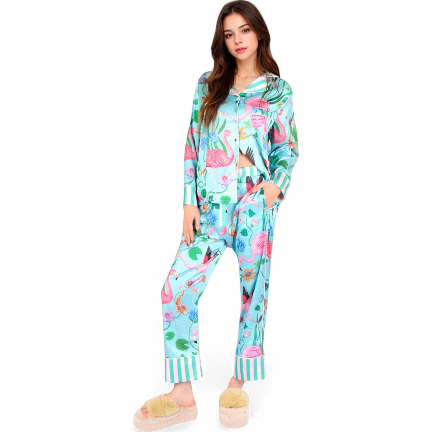 Satin Tropical Flamingo Print Pajama Set with Button-Up Top and Relaxed Fit Pants