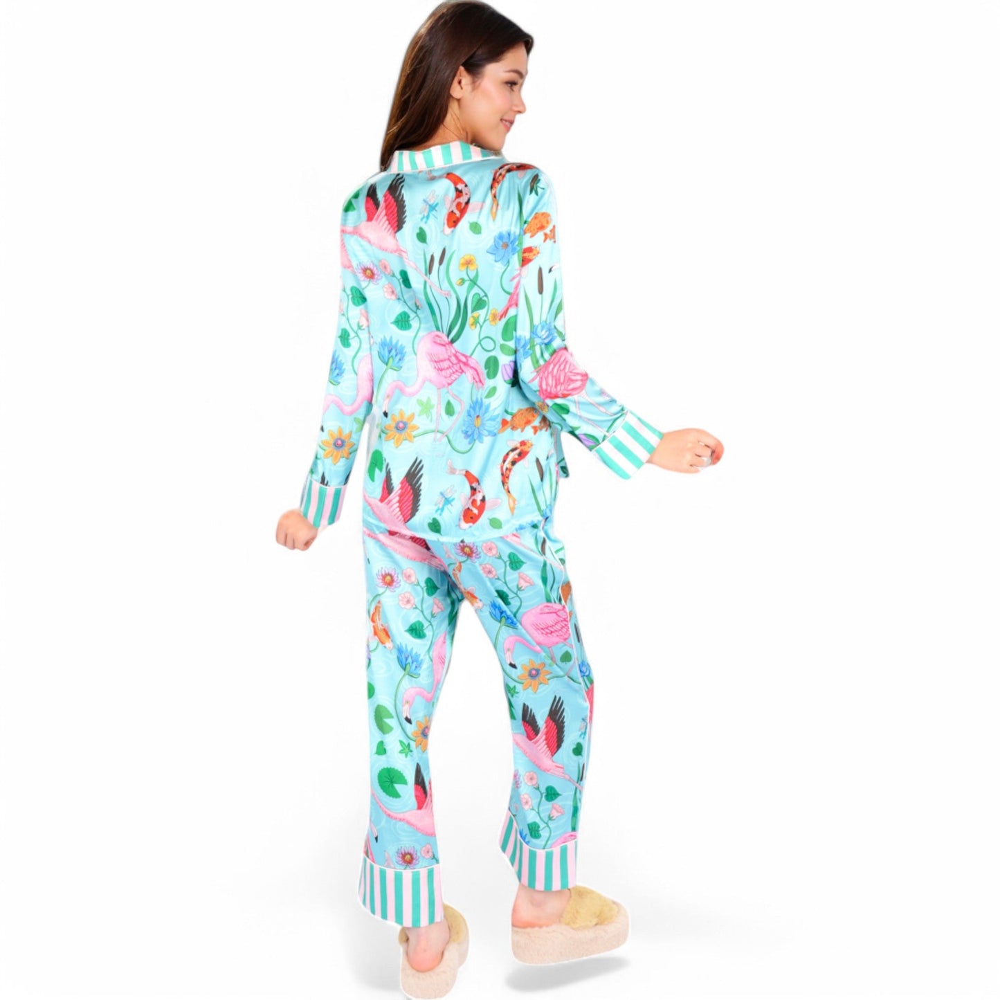 Satin Tropical Flamingo Print Pajama Set with Button-Up Top and Relaxed Fit Pants