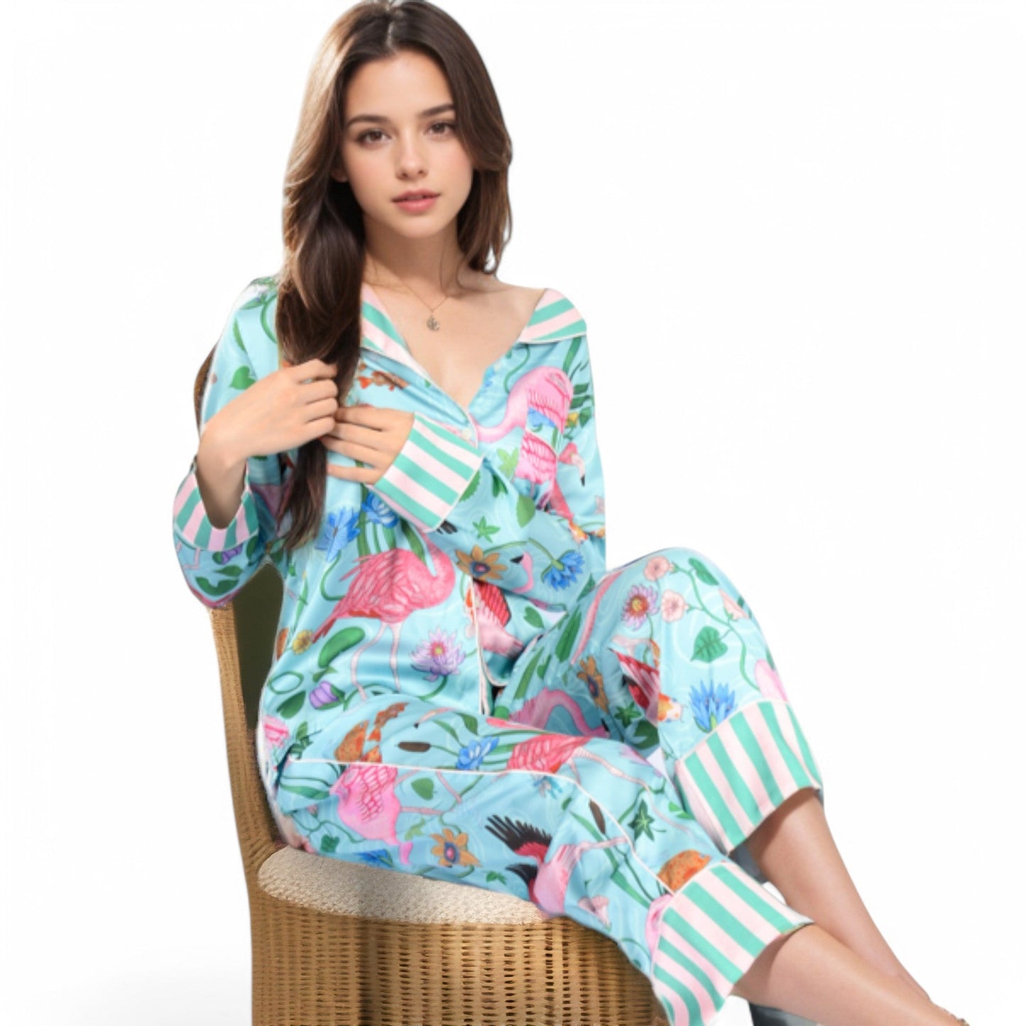 Satin Tropical Flamingo Print Pajama Set with Button-Up Top and Relaxed Fit Pants