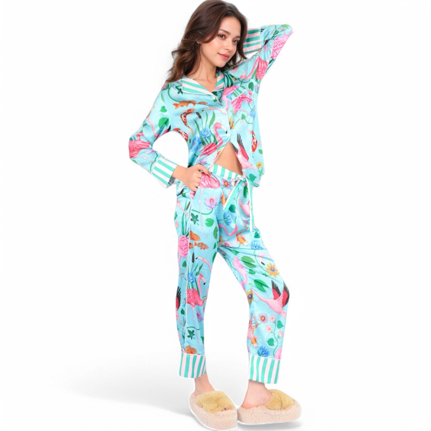 Satin Tropical Flamingo Print Pajama Set with Button-Up Top and Relaxed Fit Pants