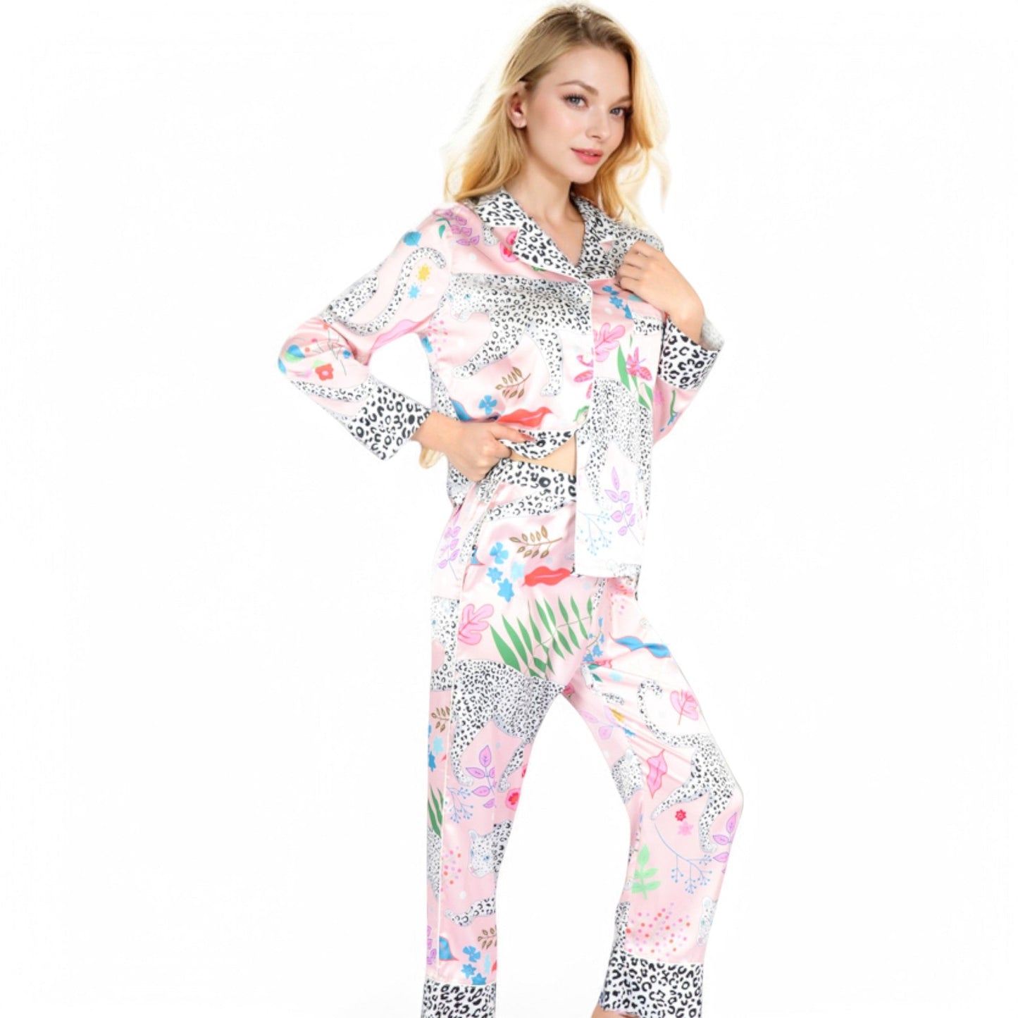 Satin Pink Leopard Print Pajama Set with Button-Up Long Sleeve Top and Relaxed Fit Pants