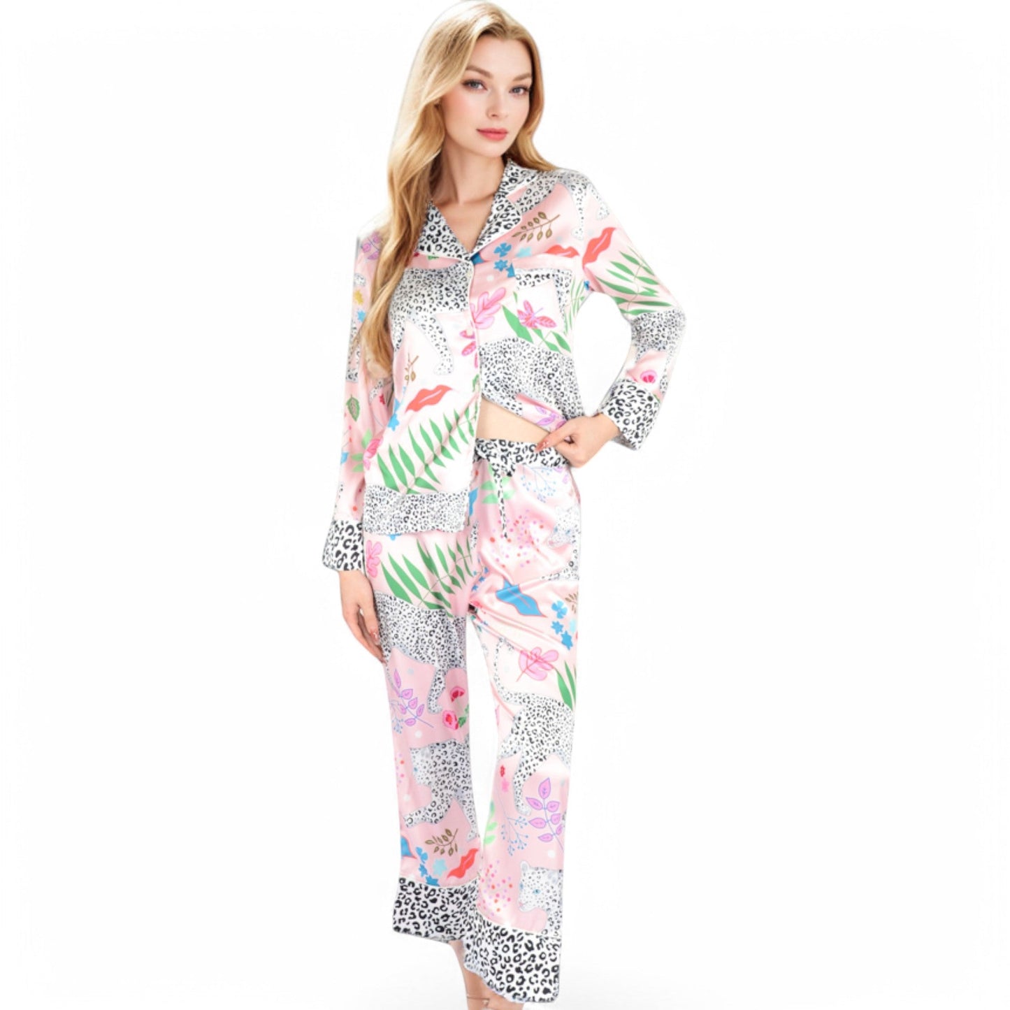Satin Pink Leopard Print Pajama Set with Button-Up Long Sleeve Top and Relaxed Fit Pants