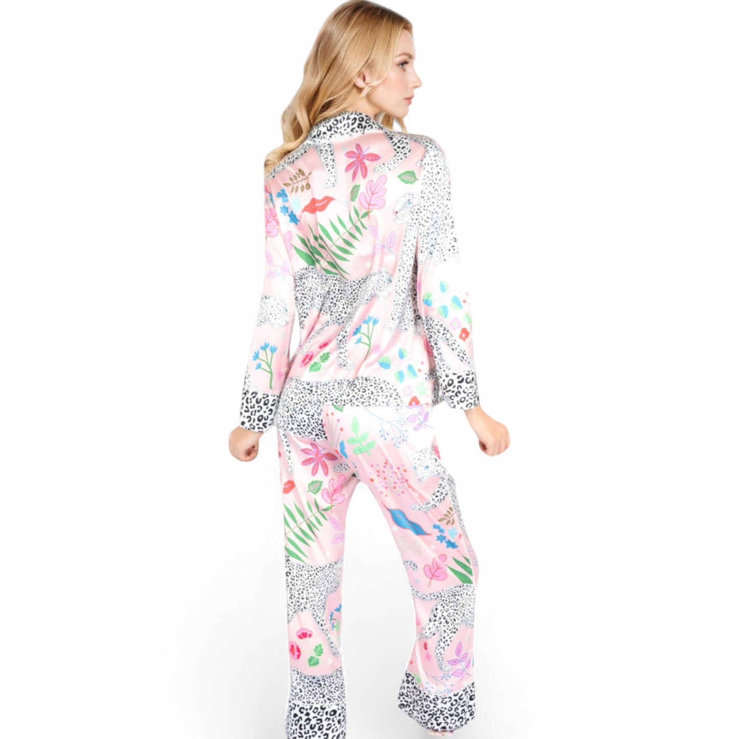Satin Pink Leopard Print Pajama Set with Button-Up Long Sleeve Top and Relaxed Fit Pants