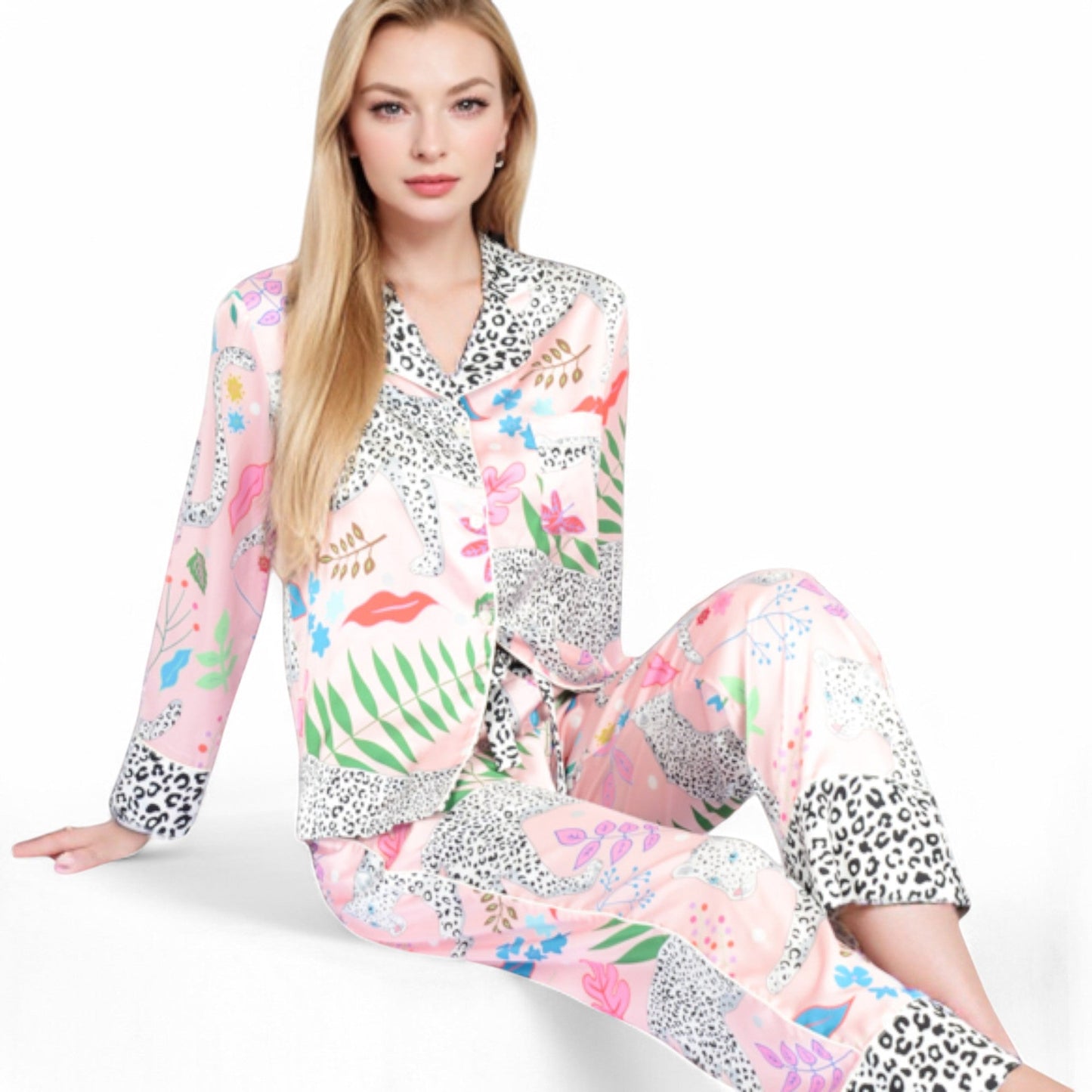 Satin Pink Leopard Print Pajama Set with Button-Up Long Sleeve Top and Relaxed Fit Pants