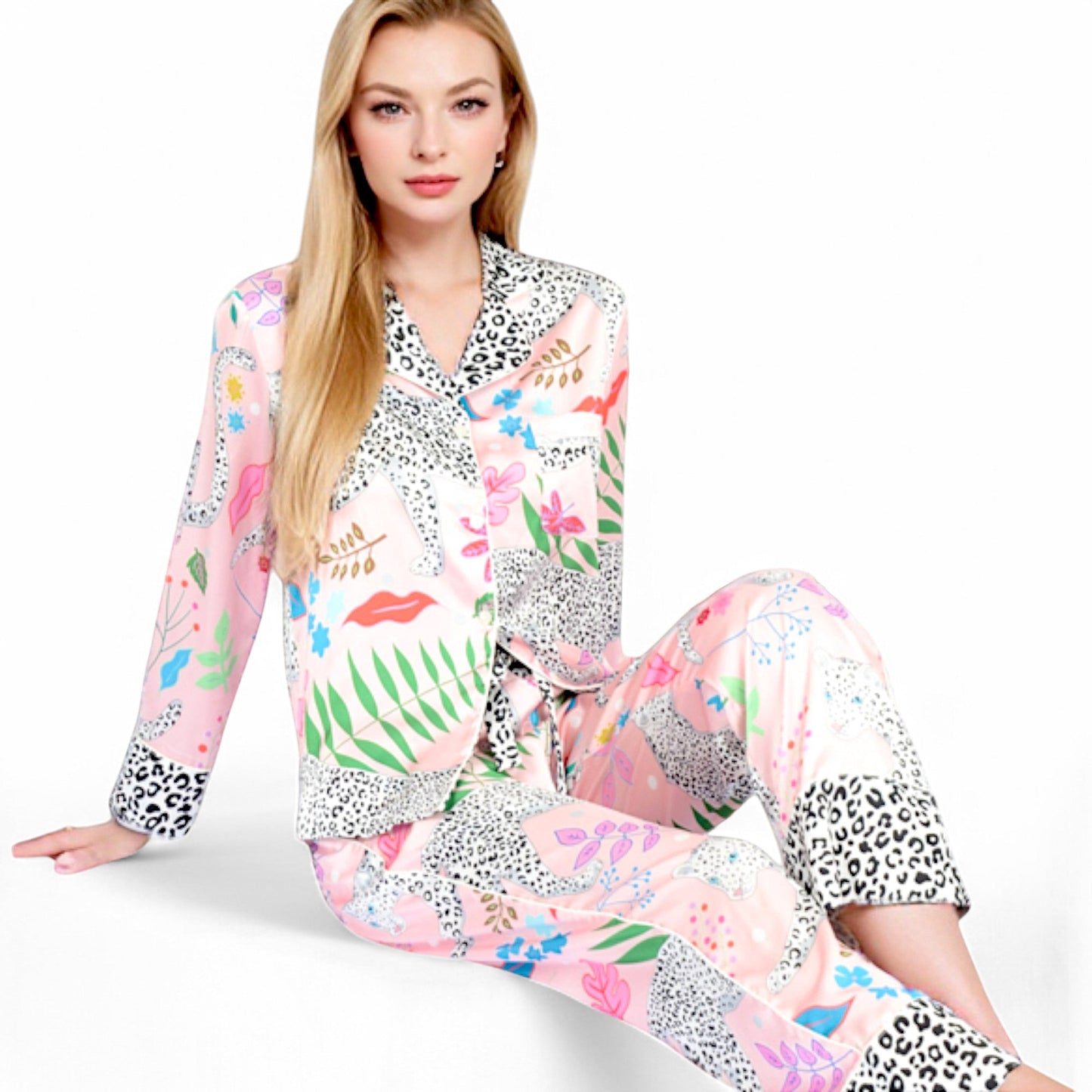 Satin Pink Leopard Print Pajama Set with Button-Up Long Sleeve Top and Relaxed Fit Pants