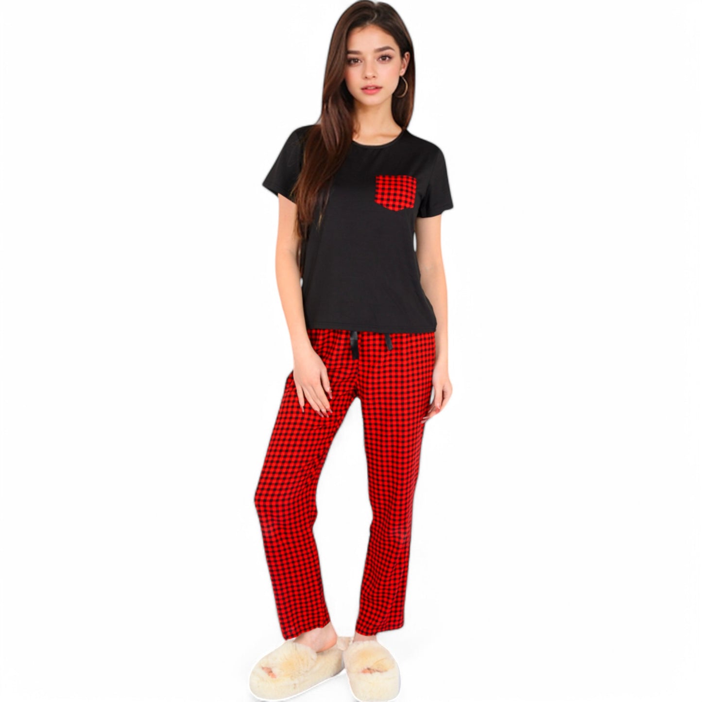 Holiday Plaid Pajama Set with Short Sleeve Tie-Front Top and Elastic Waist Pants- Red,Small