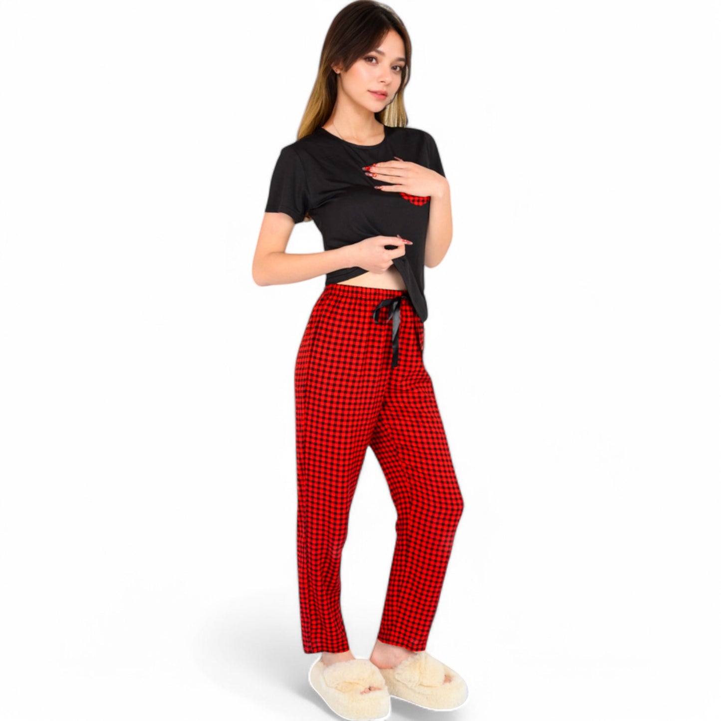 Holiday Plaid Pajama Set with Short Sleeve Tie-Front Top and Elastic Waist Pants- Red,Small