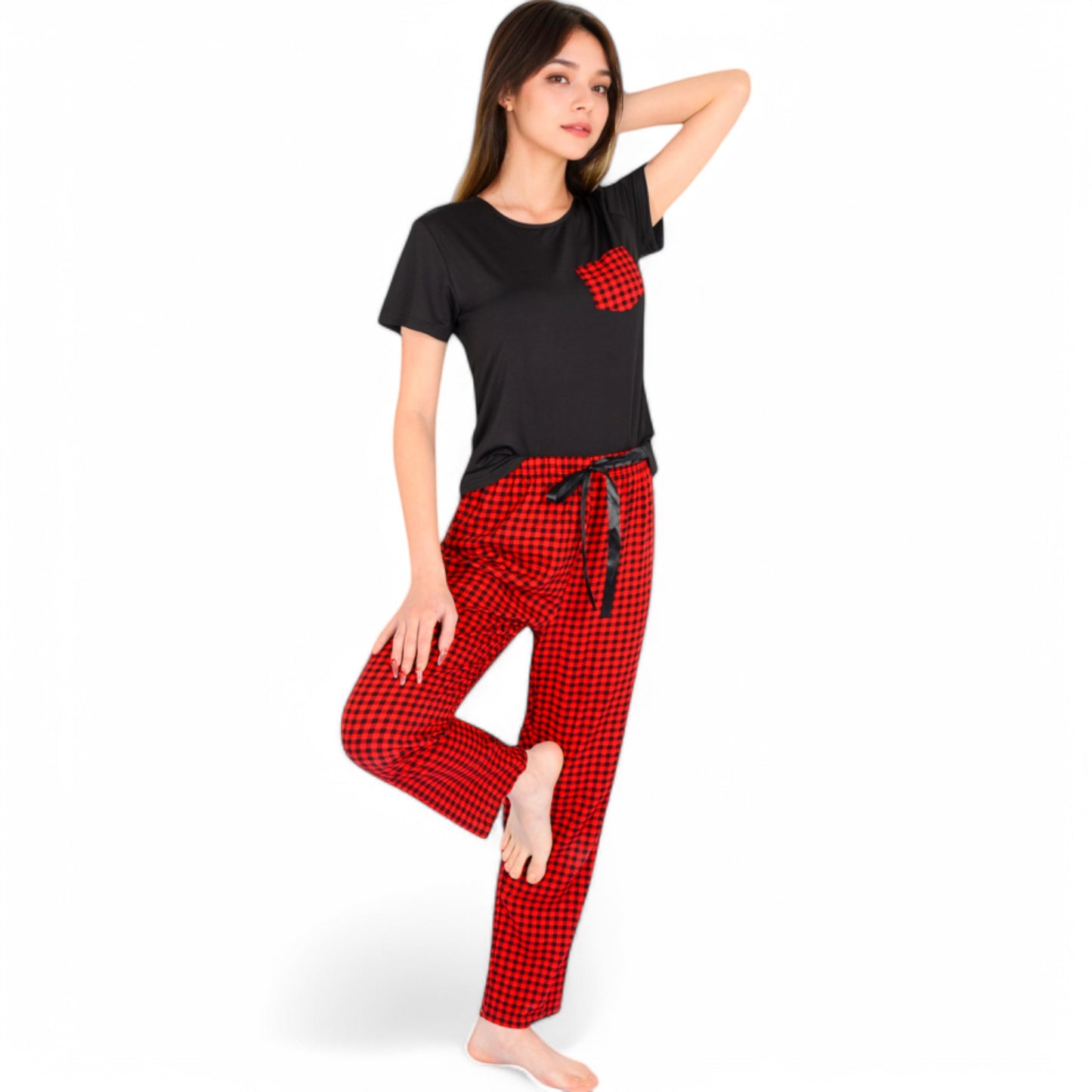 Holiday Plaid Pajama Set with Short Sleeve Tie-Front Top and Elastic Waist Pants- Red,Small