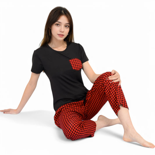 Holiday Plaid Pajama Set with Short Sleeve Tie-Front Top and Elastic Waist Pants- Red,Small