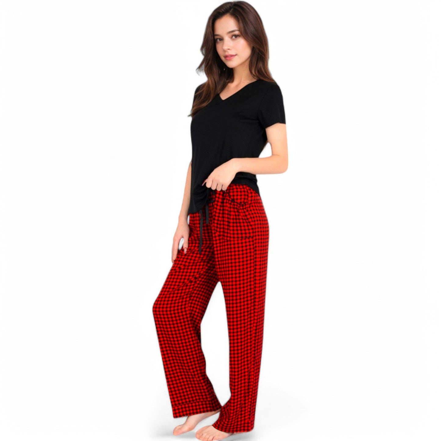 Classic Plaid Pajama Set with Soft Short Sleeve Top and Relaxed Fit Elastic Waist Pants
