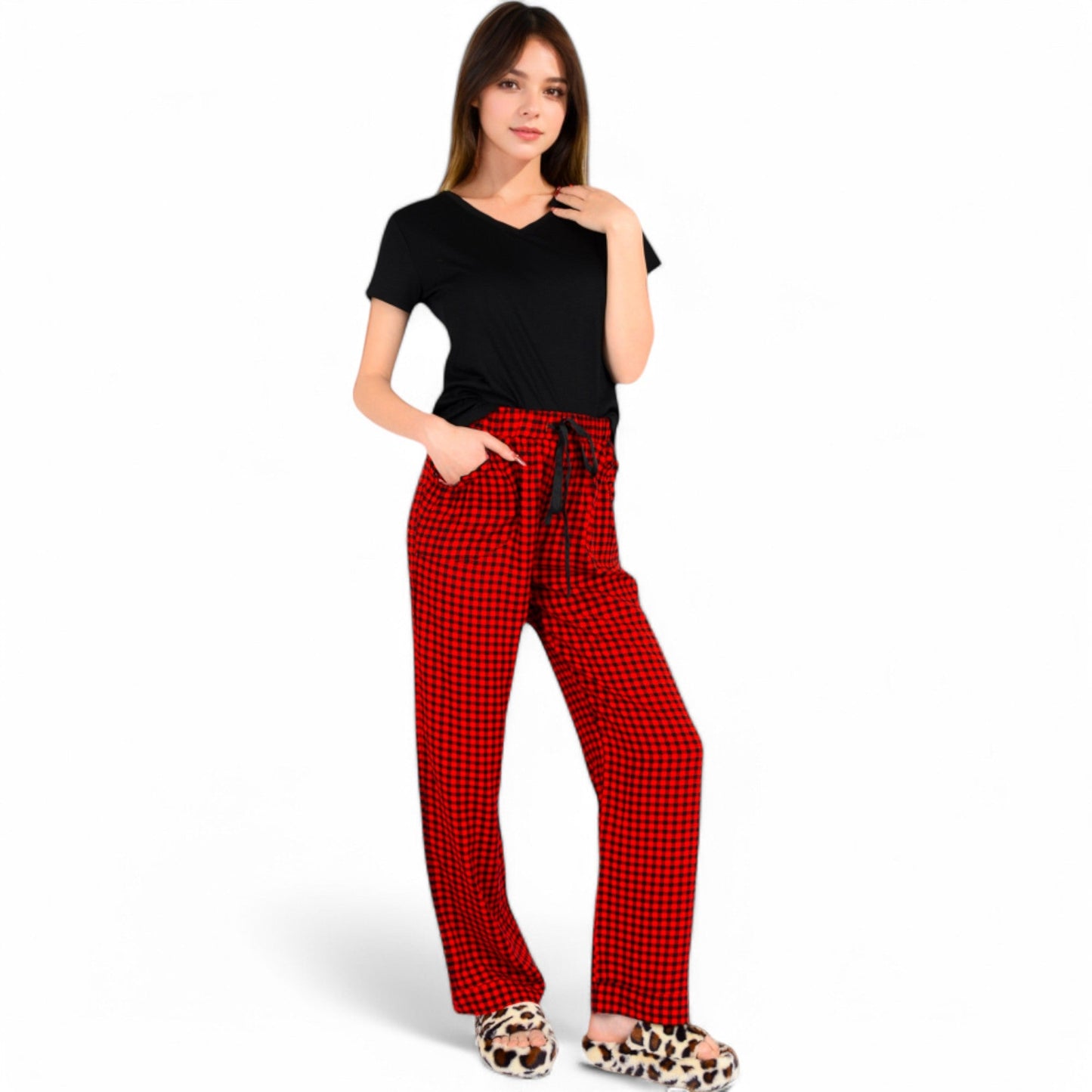 Classic Plaid Pajama Set with Soft Short Sleeve Top and Relaxed Fit Elastic Waist Pants