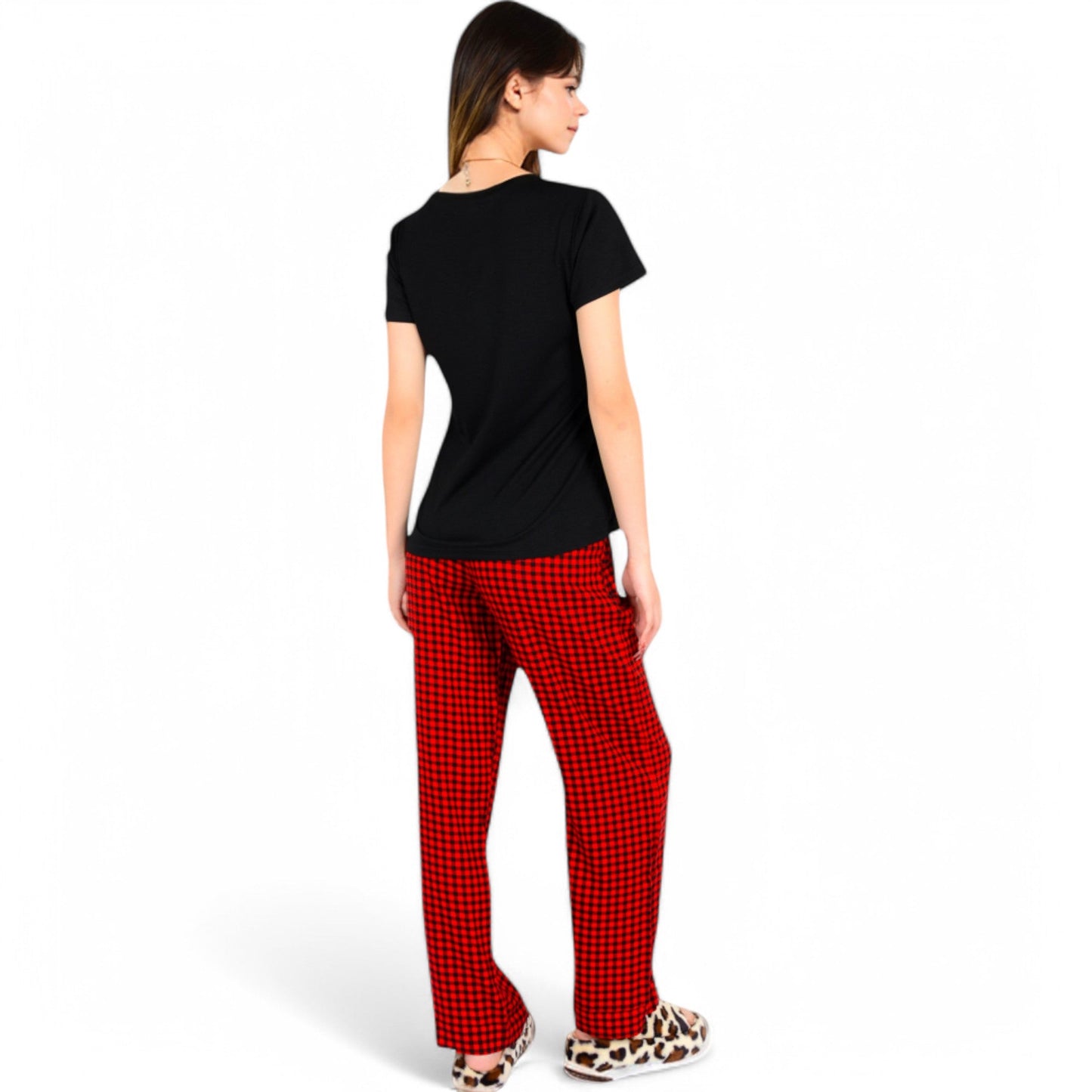 Classic Plaid Pajama Set with Soft Short Sleeve Top and Relaxed Fit Elastic Waist Pants