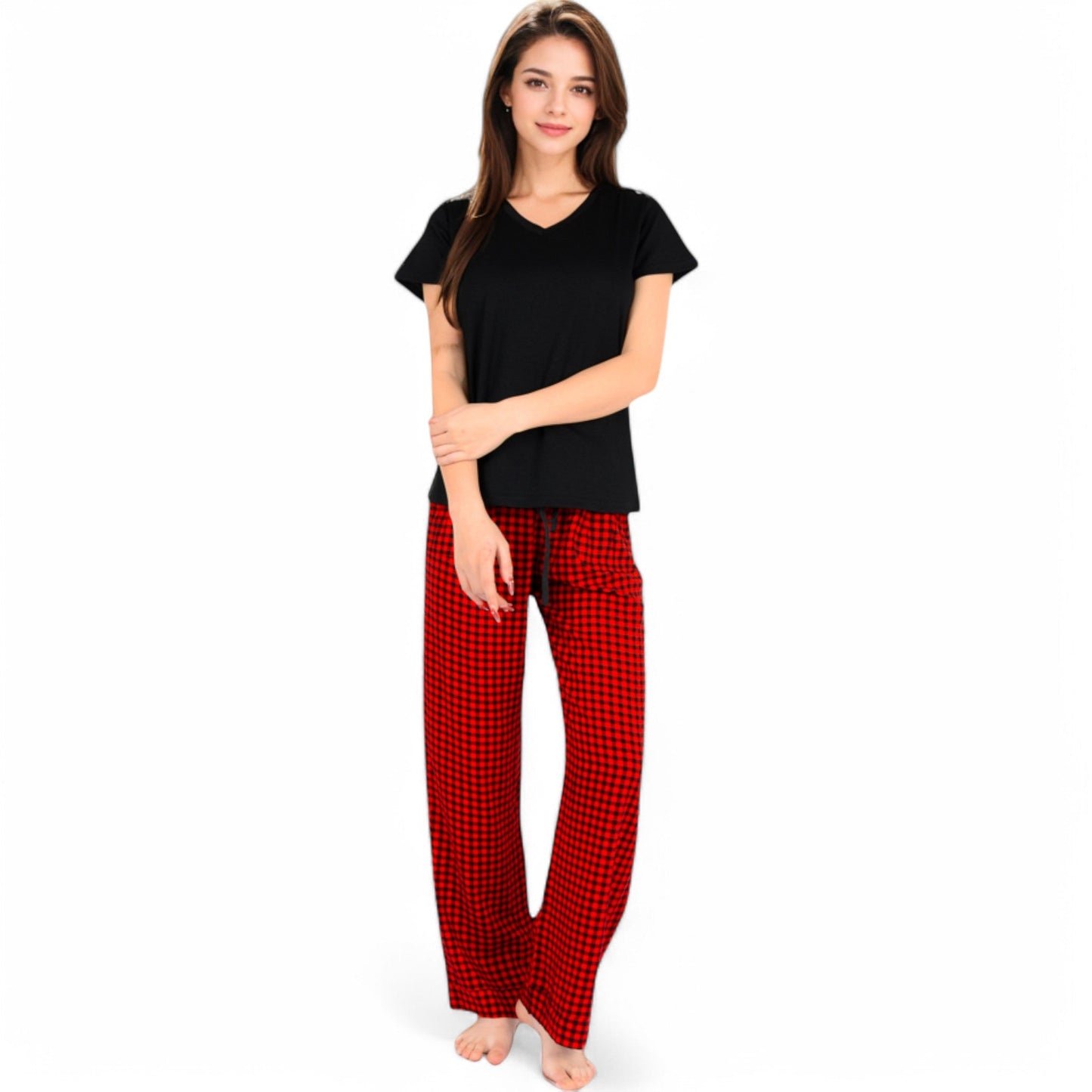 Classic Plaid Pajama Set with Soft Short Sleeve Top and Relaxed Fit Elastic Waist Pants