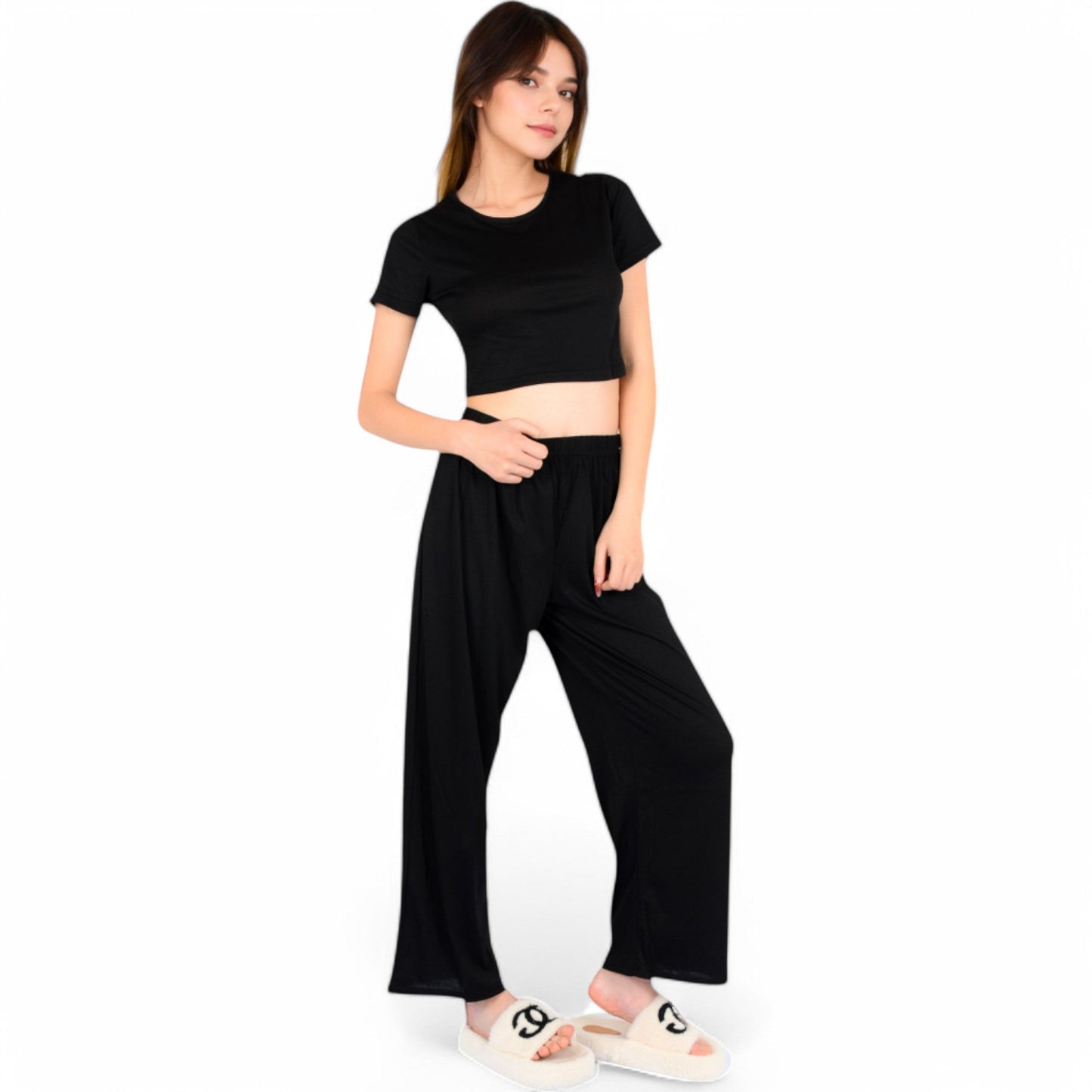 Minimalist Black Pajama Set with Soft Short Sleeve Crop Top and High Waist Wide-Leg Pants