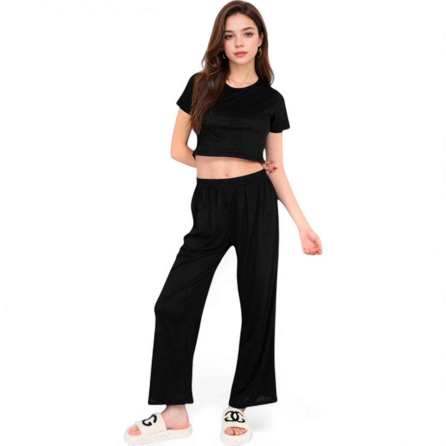 Minimalist Black Pajama Set with Soft Short Sleeve Crop Top and High Waist Wide-Leg Pants