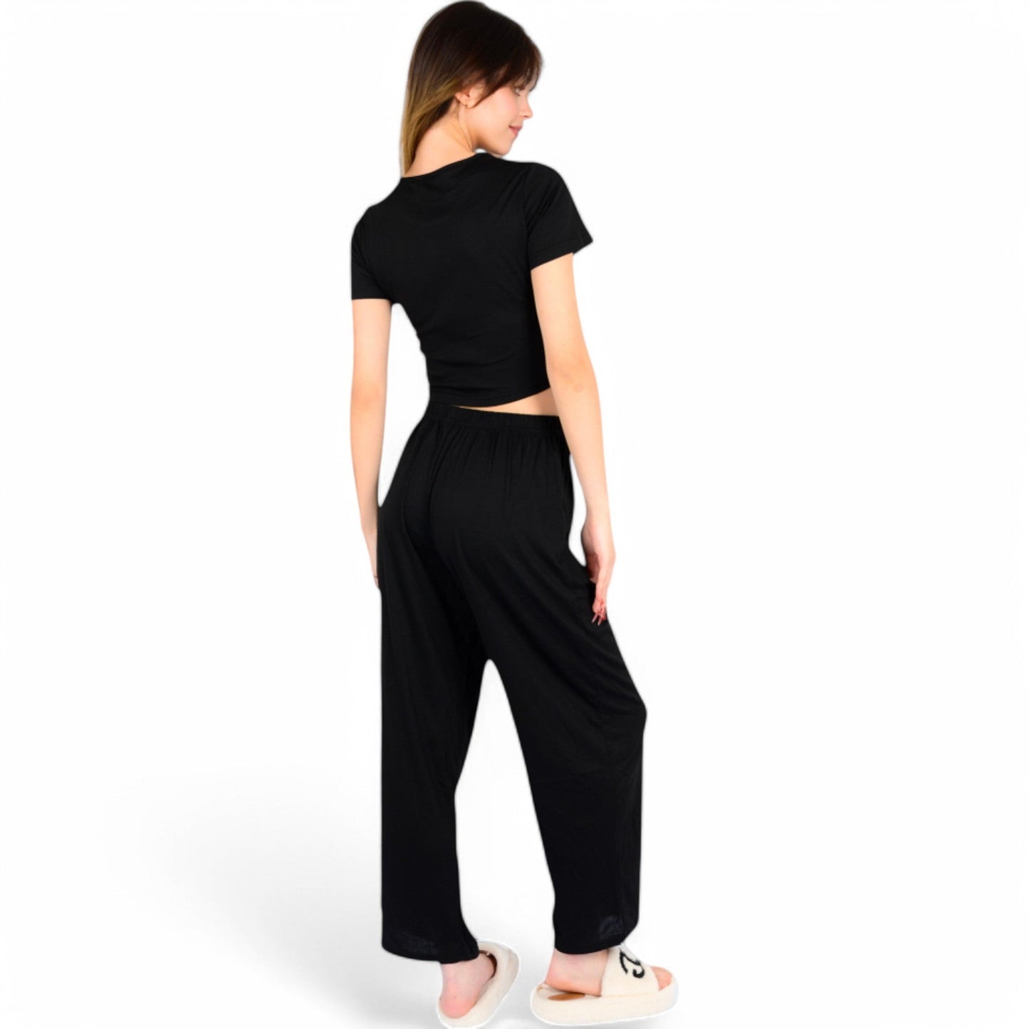Minimalist Black Pajama Set with Soft Short Sleeve Crop Top and High Waist Wide-Leg Pants