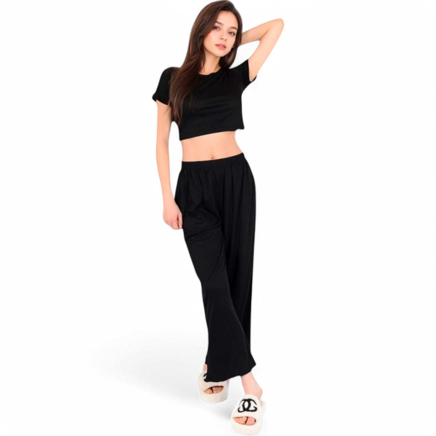 Minimalist Black Pajama Set with Soft Short Sleeve Crop Top and High Waist Wide-Leg Pants