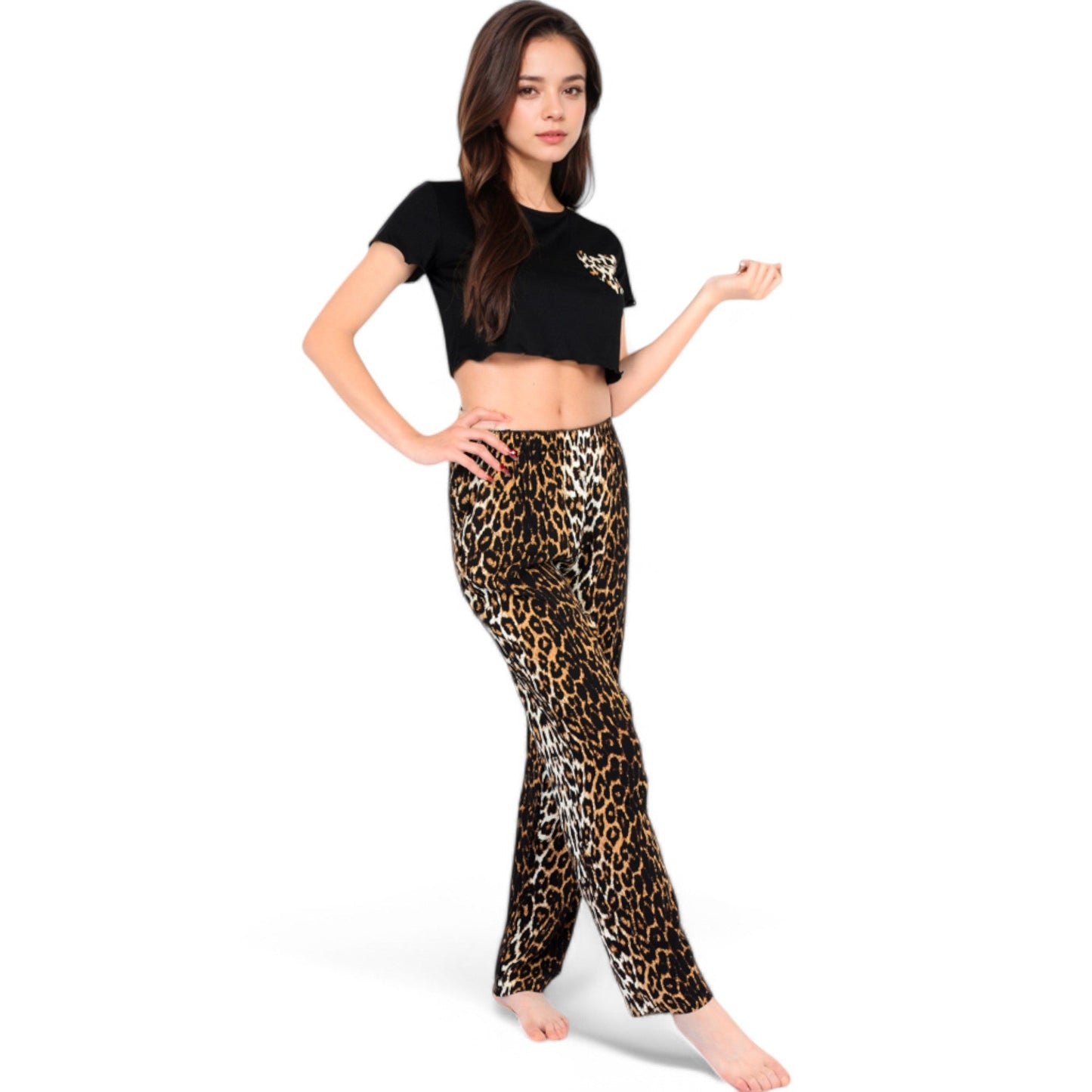 Leopard Print Pajama Set with Ruffled Crop Top and High Waist Wide-Leg Pants