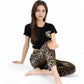 Leopard Print Pajama Set with Ruffled Crop Top and High Waist Wide-Leg Pants