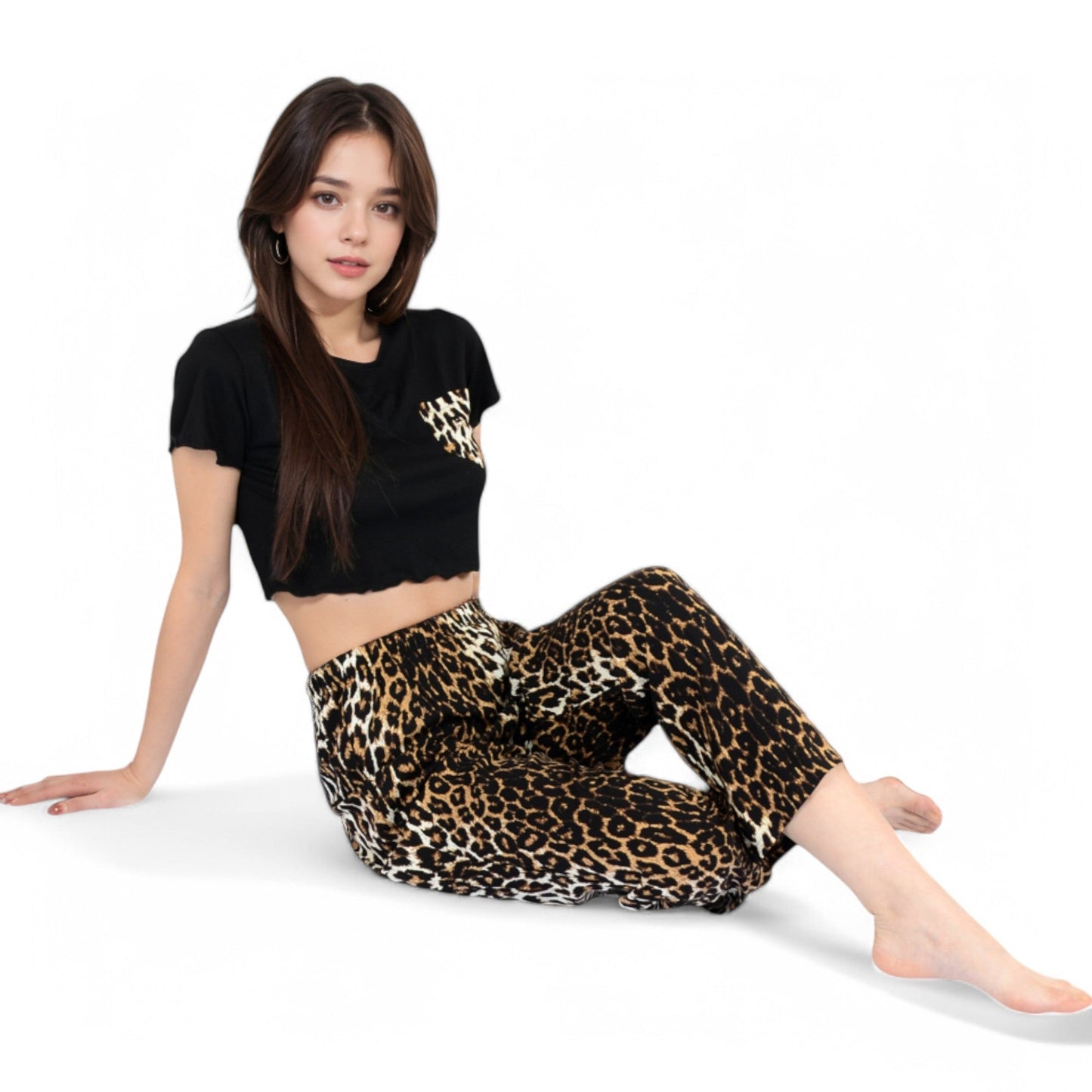 Leopard Print Pajama Set with Ruffled Crop Top and High Waist Wide-Leg Pants