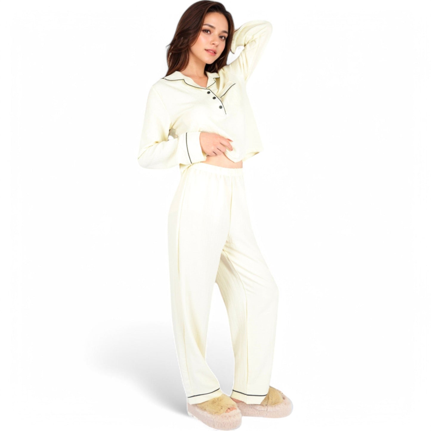 Textured Pajama Set with Long Sleeve Button-Up Top and Contrast Piping Details