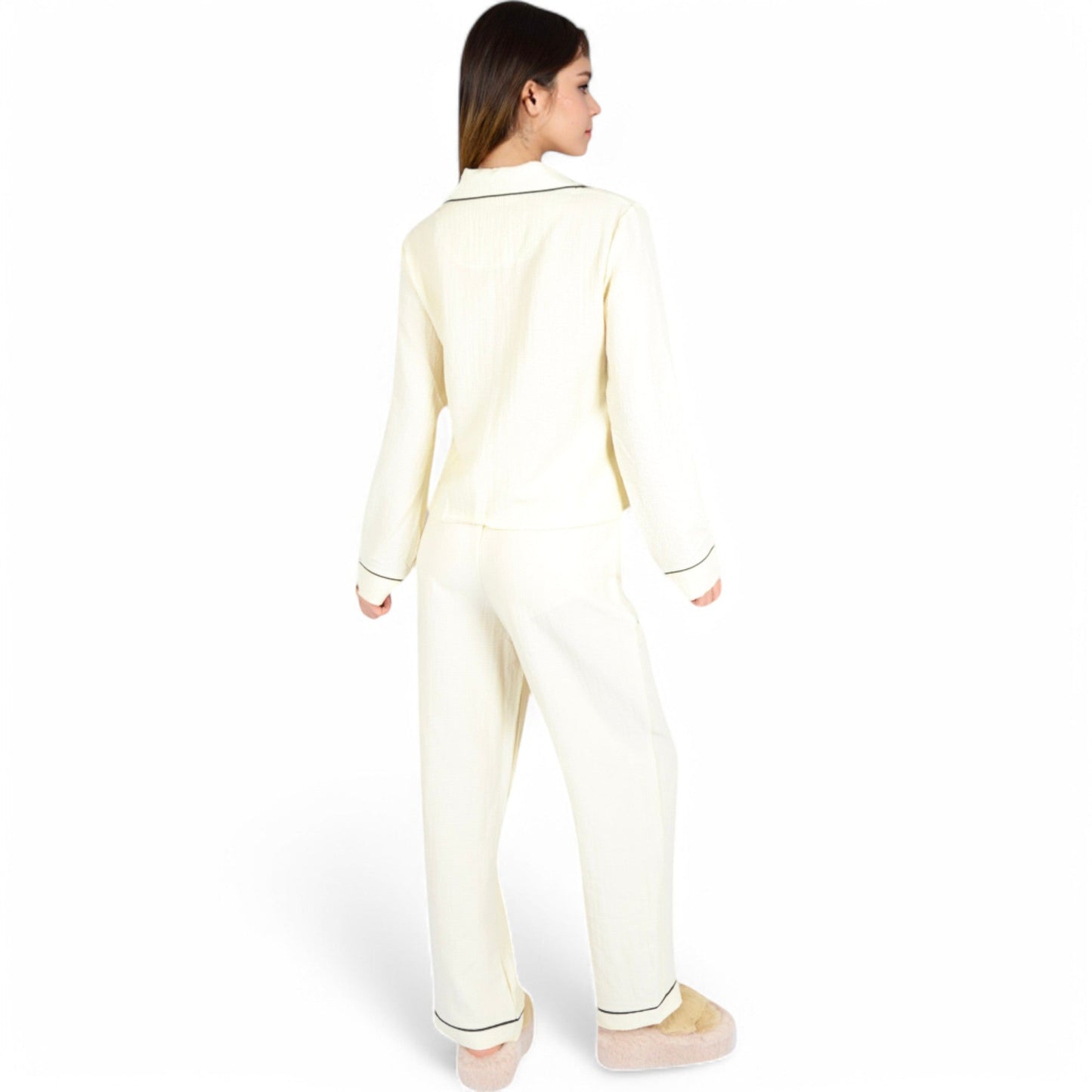 Textured Pajama Set with Long Sleeve Button-Up Top and Contrast Piping Details