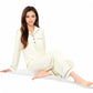 Textured Pajama Set with Long Sleeve Button-Up Top and Contrast Piping Details