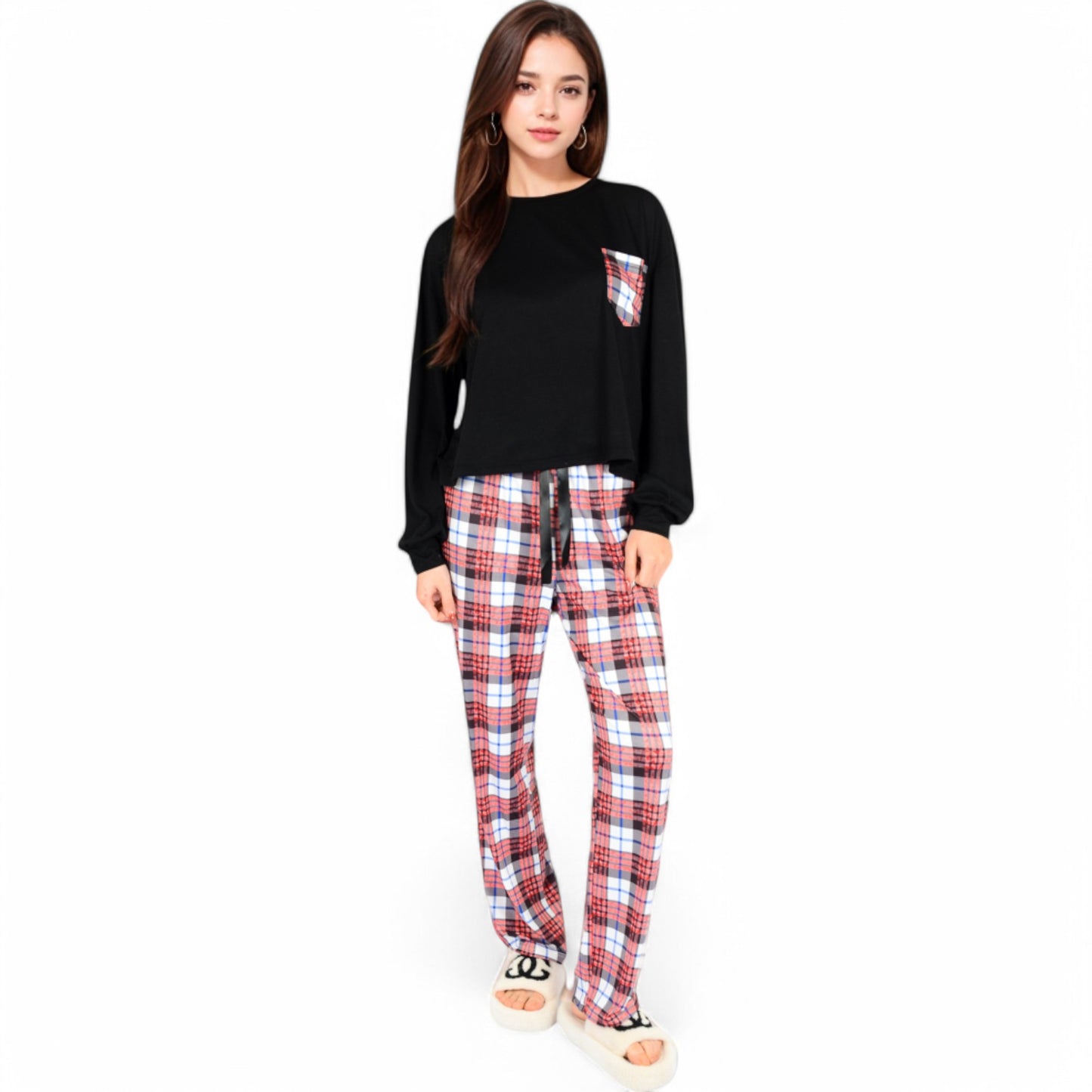 Plaid Pajama Set with Long Sleeve Pocket Top and Relaxed Fit Elastic Waist Pants- Black,Small