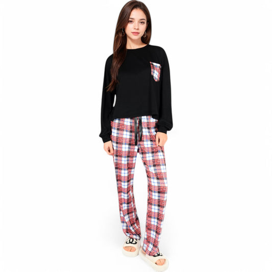 Plaid Pajama Set with Long Sleeve Pocket Top and Relaxed Fit Elastic Waist Pants- Black,Small