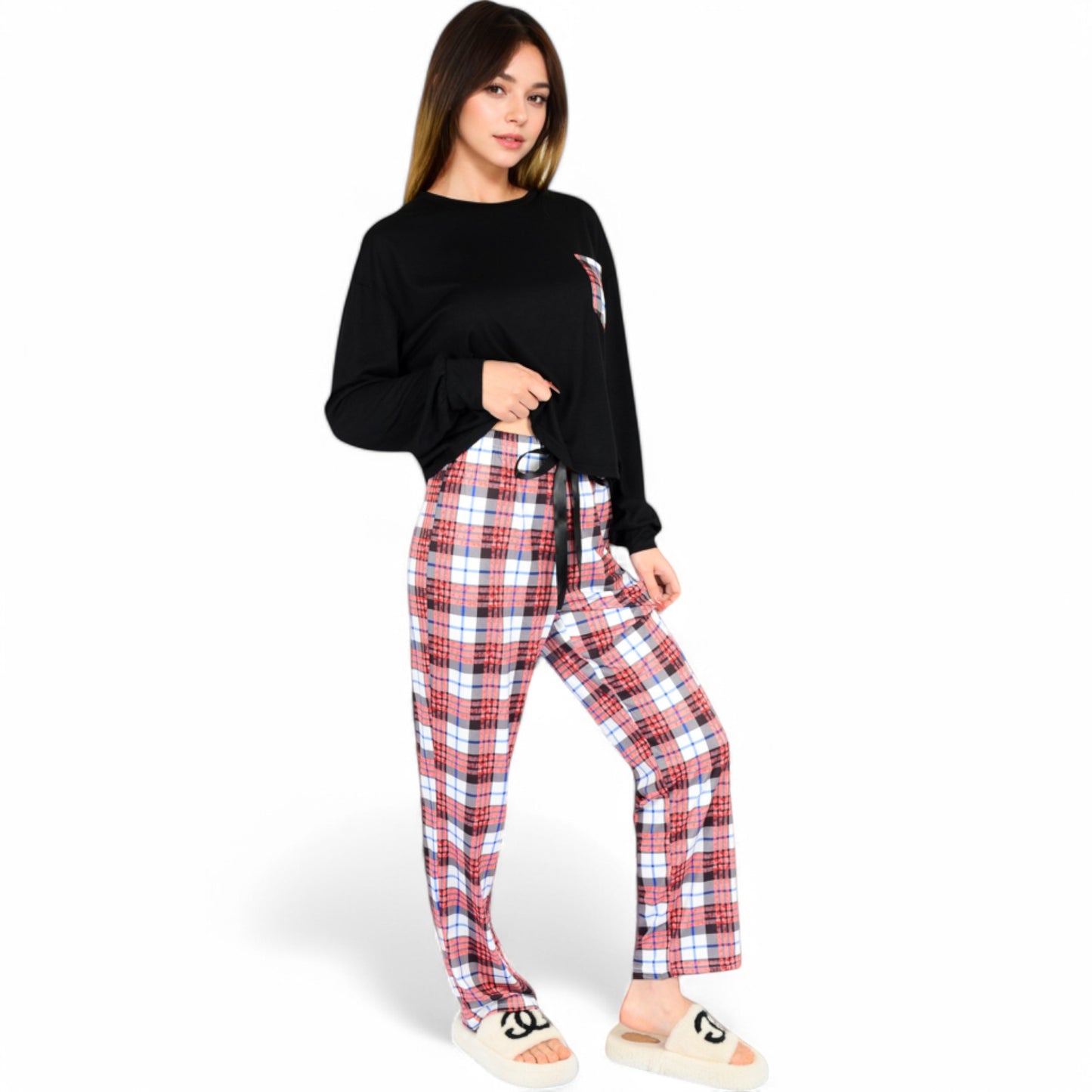 Plaid Pajama Set with Long Sleeve Pocket Top and Relaxed Fit Elastic Waist Pants- Black,Small