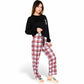 Plaid Pajama Set with Long Sleeve Pocket Top and Relaxed Fit Elastic Waist Pants- Black,Small