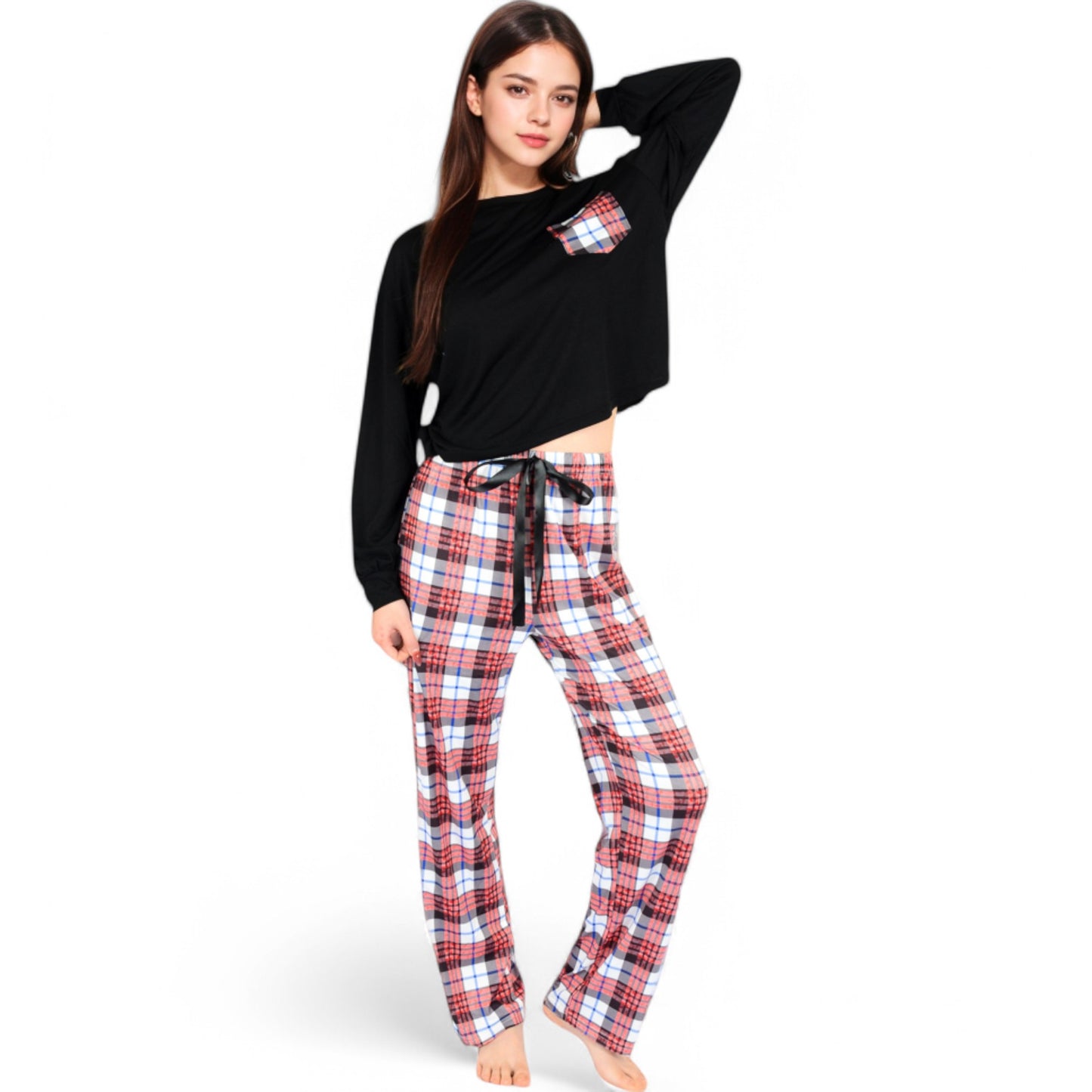 Plaid Pajama Set with Long Sleeve Pocket Top and Relaxed Fit Elastic Waist Pants- Black,Small