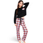 Plaid Pajama Set with Long Sleeve Pocket Top and Relaxed Fit Elastic Waist Pants- Black,Small