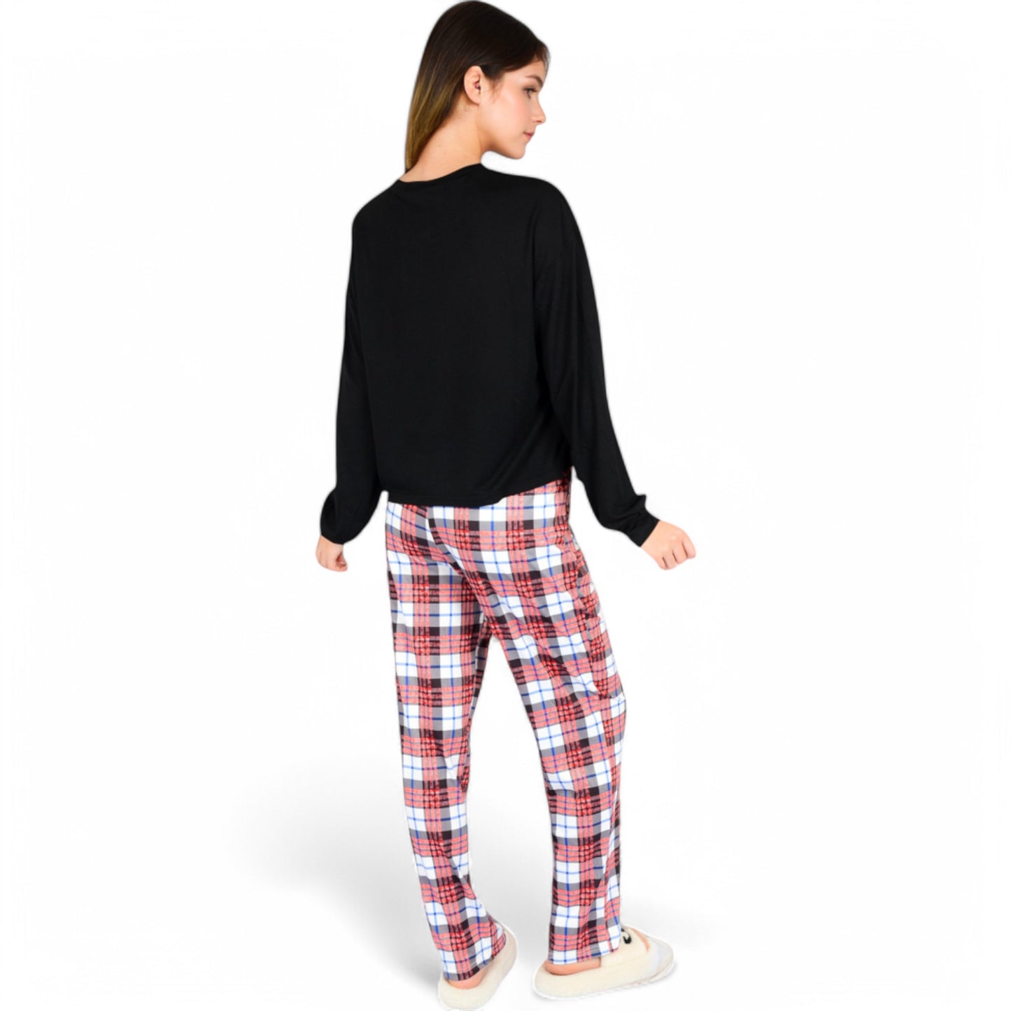 Plaid Pajama Set with Long Sleeve Pocket Top and Relaxed Fit Elastic Waist Pants- Black,Small
