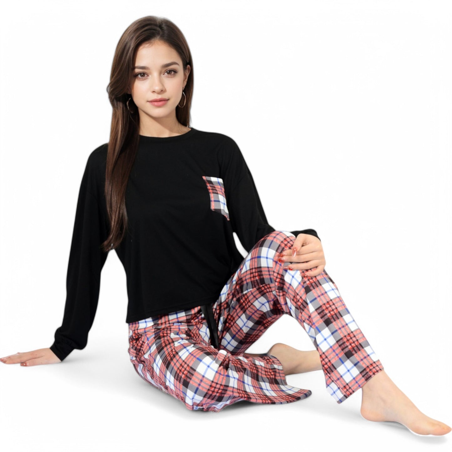 Plaid Pajama Set with Long Sleeve Pocket Top and Relaxed Fit Elastic Waist Pants- Black,Small